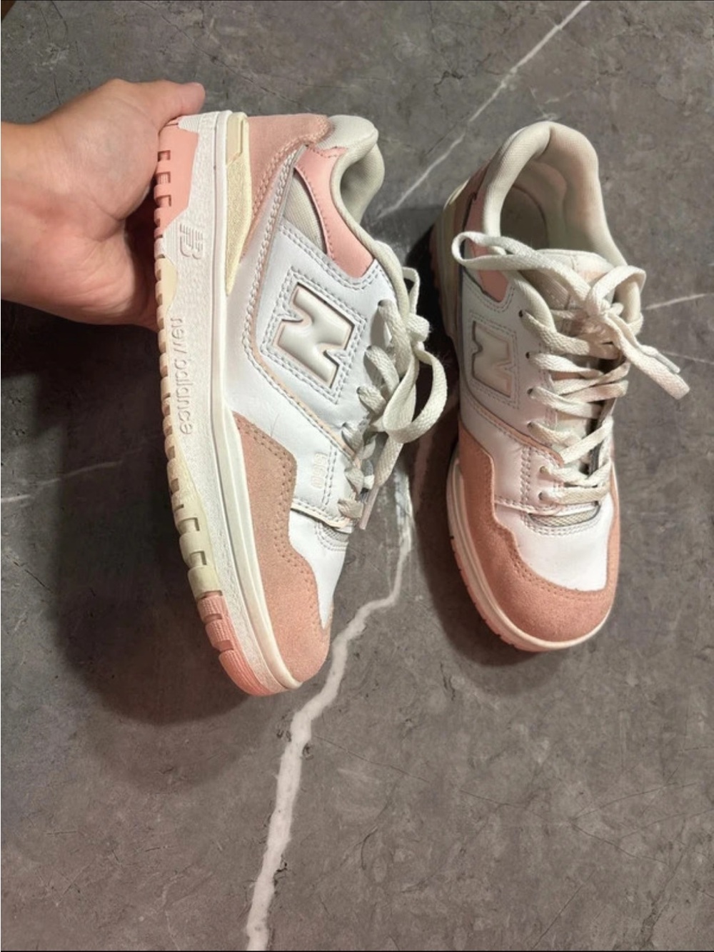 New Balance 550 Kids White and Light Pink Lace-Up Sneakers